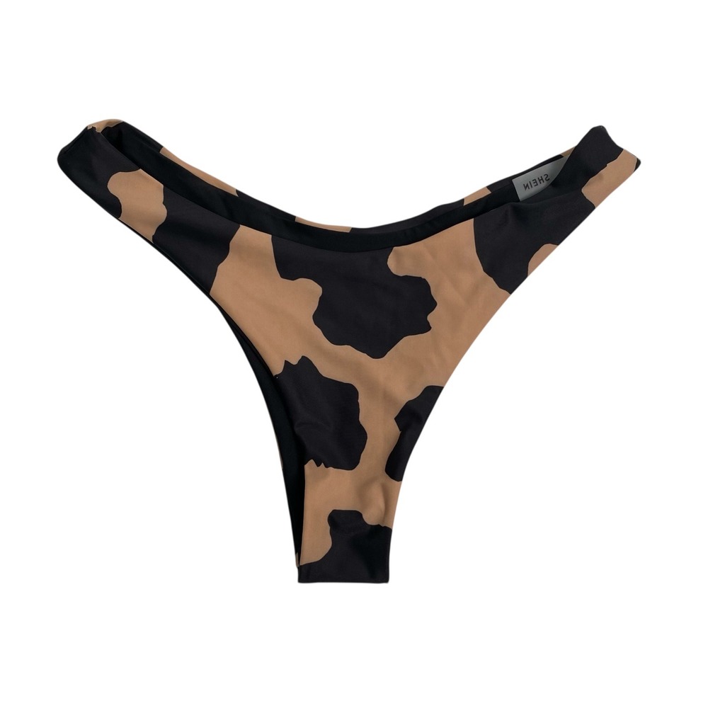 Shein Bikini Bottoms Thong Cutout Tan Black Print Swimwear Beach L 333
